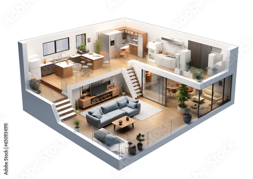 A 3D plan of the interior of a furnished home. A schematic representation of a house made by an architectural studio for design and construction purposes isolated over a transparent background