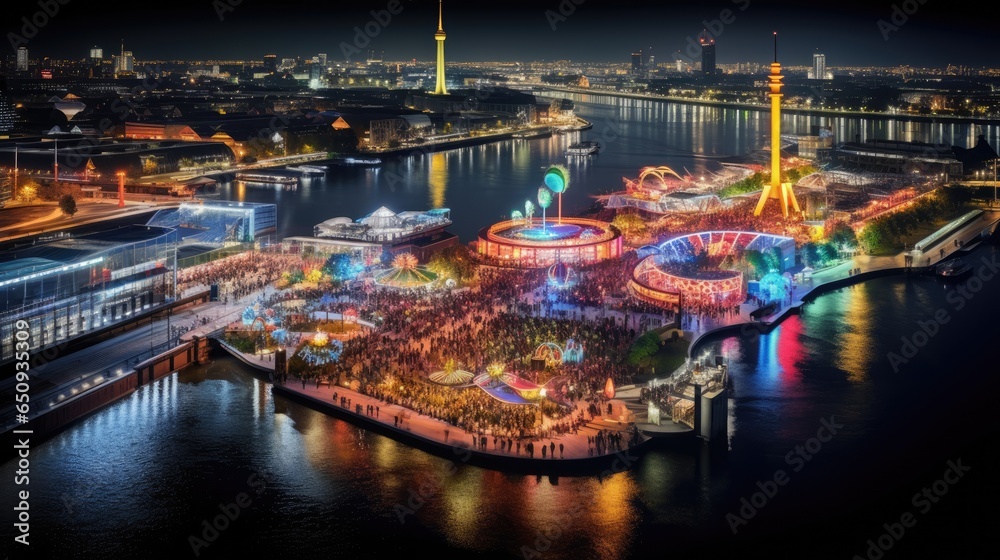 High angle view of Dusseldorf Festival Night view along the river