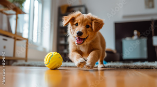 Playful golden retriever puppy energetically playing with a ball, showcasing pure joy