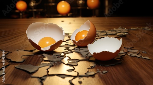 An illustration showcasing broken eggs fallen onto the floor, capturing the moment of fragility and accident. Generative AI. photo