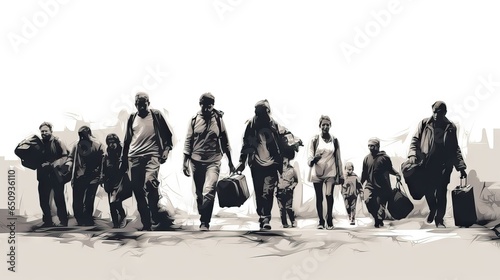 An illustration depicting the harsh reality faced by families forced to emigrate from their countries due to war, crossing borders on foot under inhumane conditions. Generative AI. photo