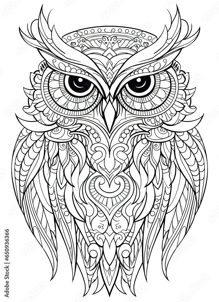 Fototapeta premium Owl Coloring Page for Adults, Full-Body Owl with Doodles for Relaxation and Stress Relief 