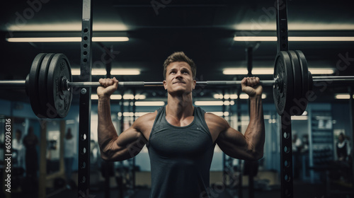 Determined athlete in a modern gym, focusing on lifting weights and building strength