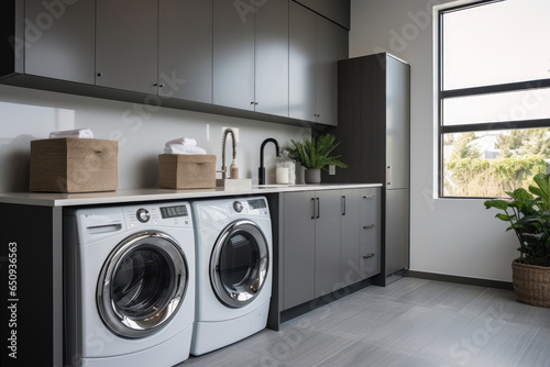 Efficient and Stylish Industrial Laundry Room with Modern Metal Accents, Sleek Gray Color Scheme, and Functional Storage Solutions