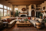 A Cozy Southwestern Oasis: A Vibrant Living Room with Rustic Furniture, Desert-inspired Decor, and Earthy Tones, Creating an Inviting Space with Cultural Elements, Warmth, and Comfort.