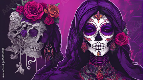 Day of the Dead. sugar skull and roses. vector illustration. 