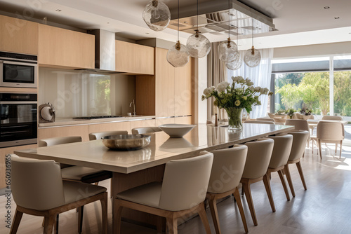 A Spacious and Elegant Modern Kitchen with Clean Lines, Warmth, and Style, featuring Stunning Beige-toned Cabinets, Sleek Appliances, and a Neutral Palette for a Functional and Organized Cooking