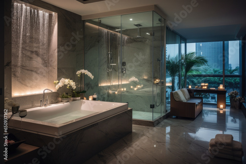 Indulge in the ultimate spa-like retreat with a luxurious bathroom featuring a Jacuzzi tub, rainfall shower, opulent decor, soothing lighting, and stylish design for ultimate relaxation © aicandy