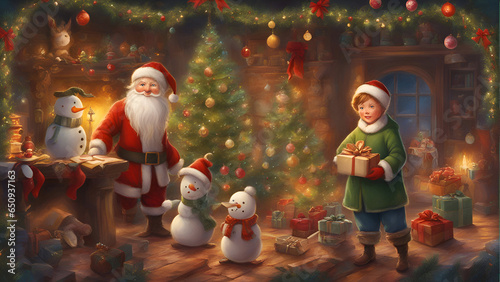 Christmas scene with Santa Claus. snowman and little girl in room 