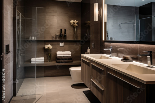 An Inviting Oasis of Elegance  A Stylish  Contemporary Bathroom with Warm Mocha Accents  Clean Lines  and Modern Amenities.