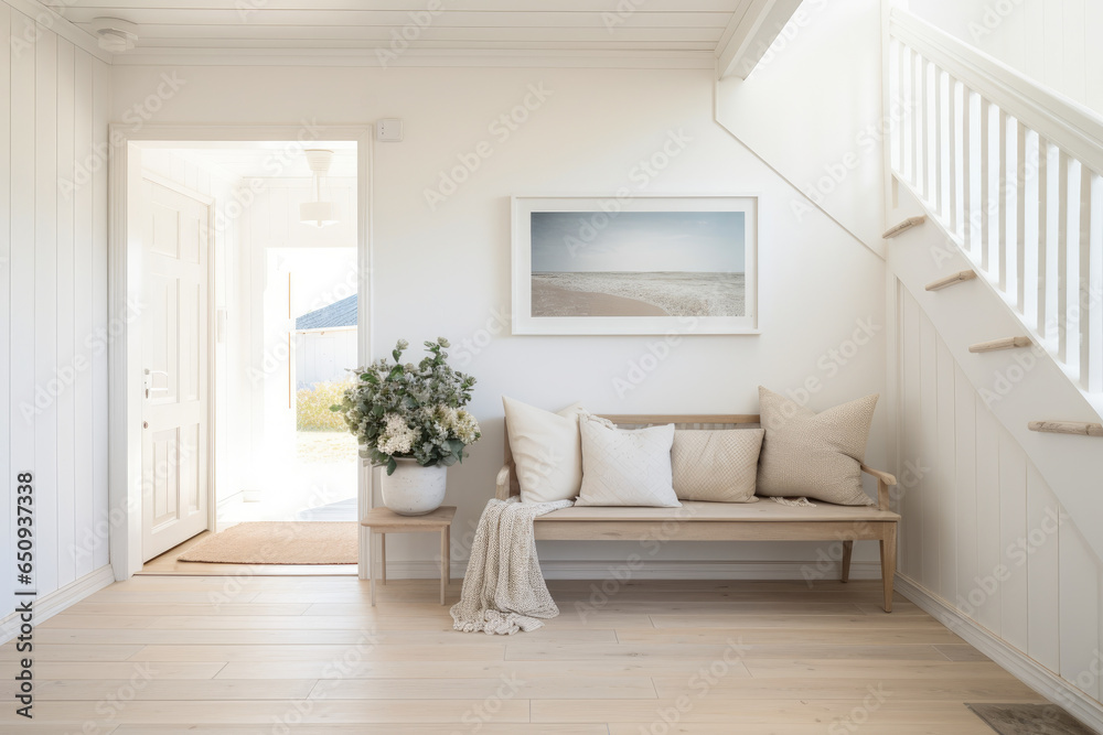Fototapeta premium Embrace the Serene Scandinavian Coastal Charm in this Airy Hallway with Light Wood Floors, White Walls, and Nautical Accents, Perfectly Blending Minimalist Simplicity and Relaxed Beach-Inspired Vibes.