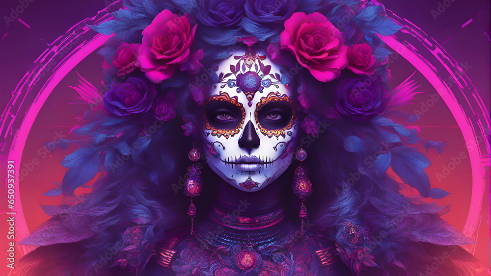 Day of the Dead sugar skull makeup with flowers. 3d illustration. 