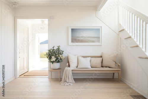 Embrace the Serene Scandinavian Coastal Charm in this Airy Hallway with Light Wood Floors, White Walls, and Nautical Accents, Perfectly Blending Minimalist Simplicity and Relaxed Beach-Inspired Vibes.