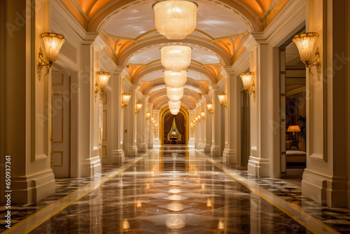 An Opulent and Radiant Gold-Colored Hallway Interior, Exuding Extravagance and Elegance with Luxurious Decor, Illuminated Ceilings, and Contemporary Stylish Design.