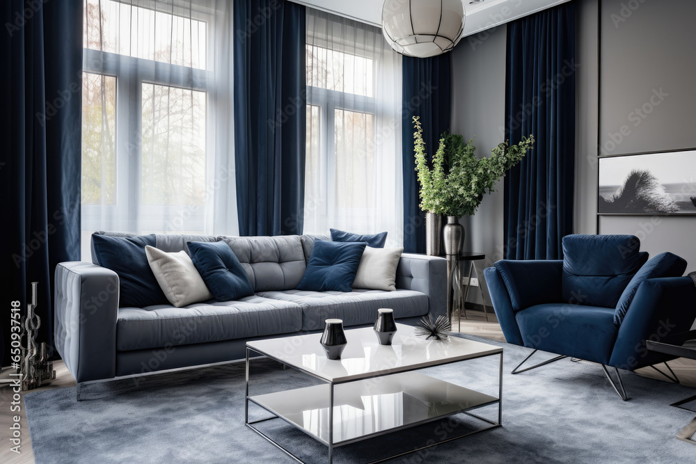 A harmonious blend of navy blue and silver colors creates an elegant and sophisticated living room interior, adorned with modern furniture, stylish decor, and cozy accessories, exuding a luxurious - obrazy, fototapety, plakaty 