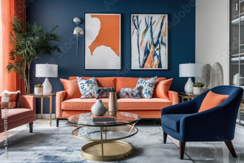 A Spacious and Stylish Living Room Oasis in Coral and Navy Blue  Harmoniously Blending Vibrant Colors  Comfortable Furniture  and Inviting Accessories for Relaxation  Socializing