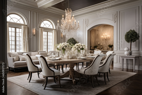 An inviting and sophisticated traditional dining room interior, exuding timeless charm with elegant furniture, warm wooden flooring, refined lighting, and a classic chandelier © aicandy
