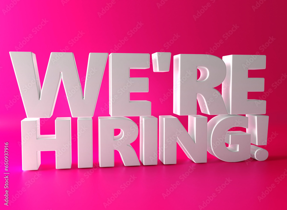 Word WE ARE HIRING on pink background. We Are Hiring 3D Text. 