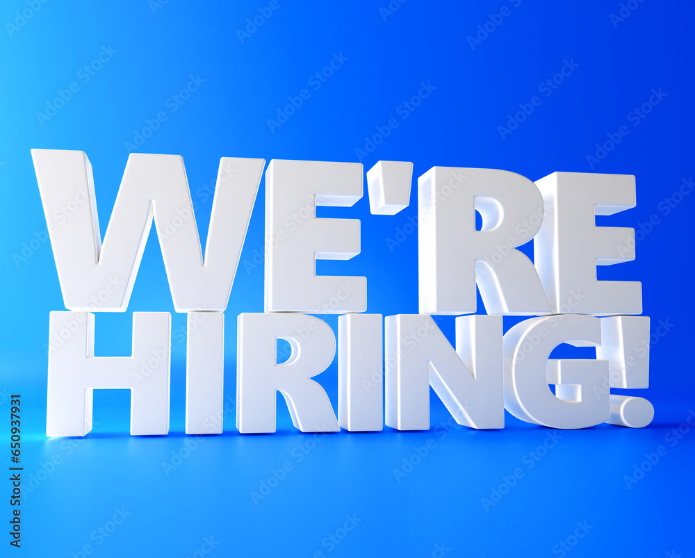 Word WE ARE HIRING on blue background. We Are Hiring 3D Text. 