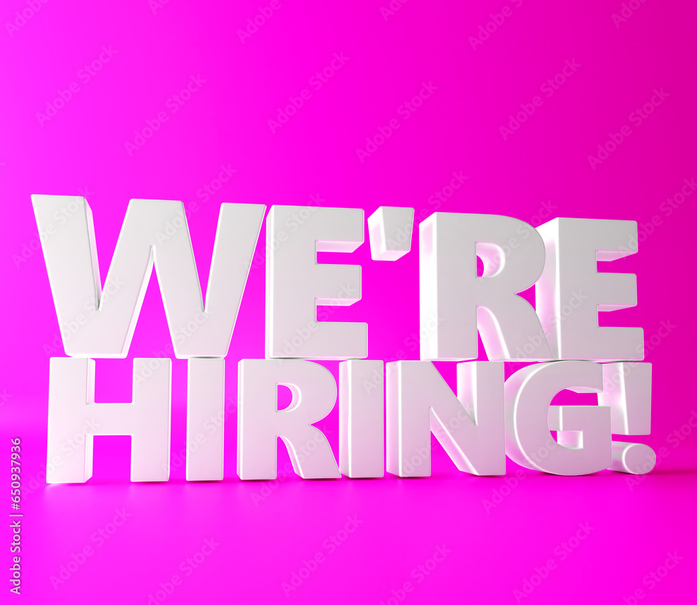 Word WE ARE HIRING on pink background. We Are Hiring 3D Text. 