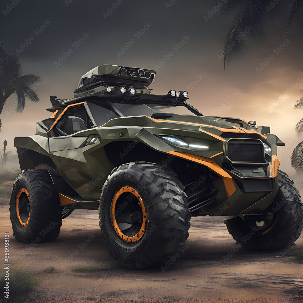 3D rendering of an all-terrain vehicle in the desert 