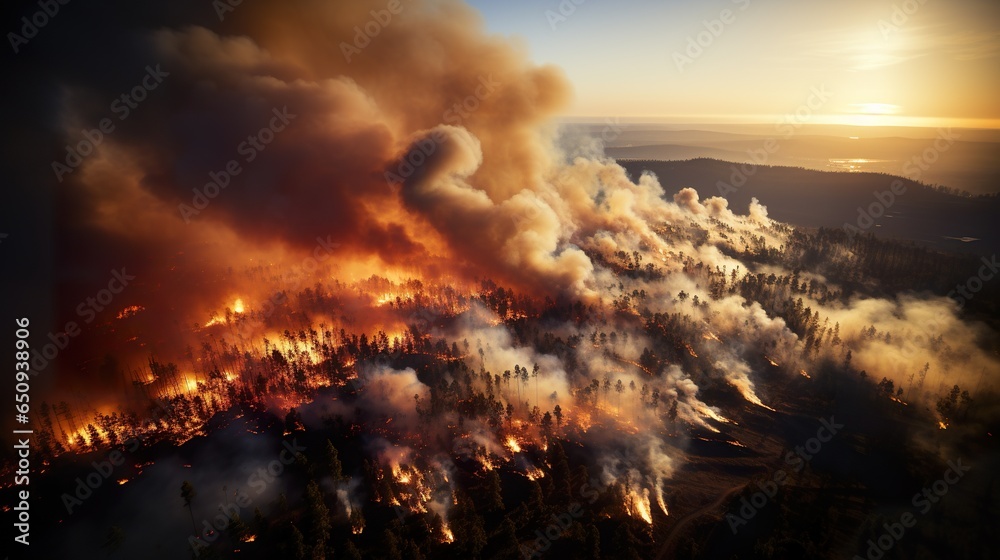 Aerial view of a burning forest. Wildfire, global warming and climate change concept, generative AI