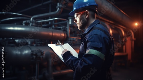 Technician in a hard hat working to checklist petroleum gas pipes for transportation in station petroleum oil. 