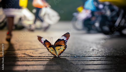 Colourful butterfly on the side walk of a busy street. photo