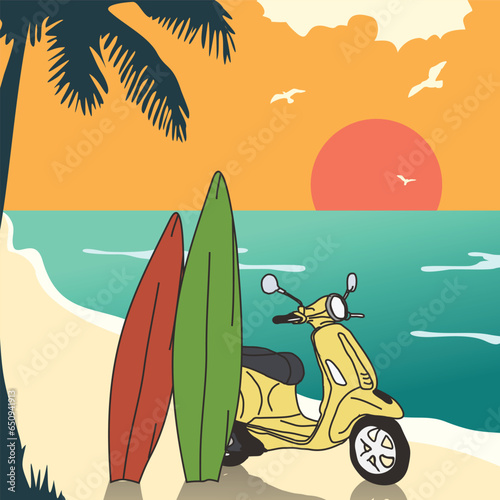 scooter on the beach, hand drawn illustration, for t-shirt print, poster, and ETC. Vector format