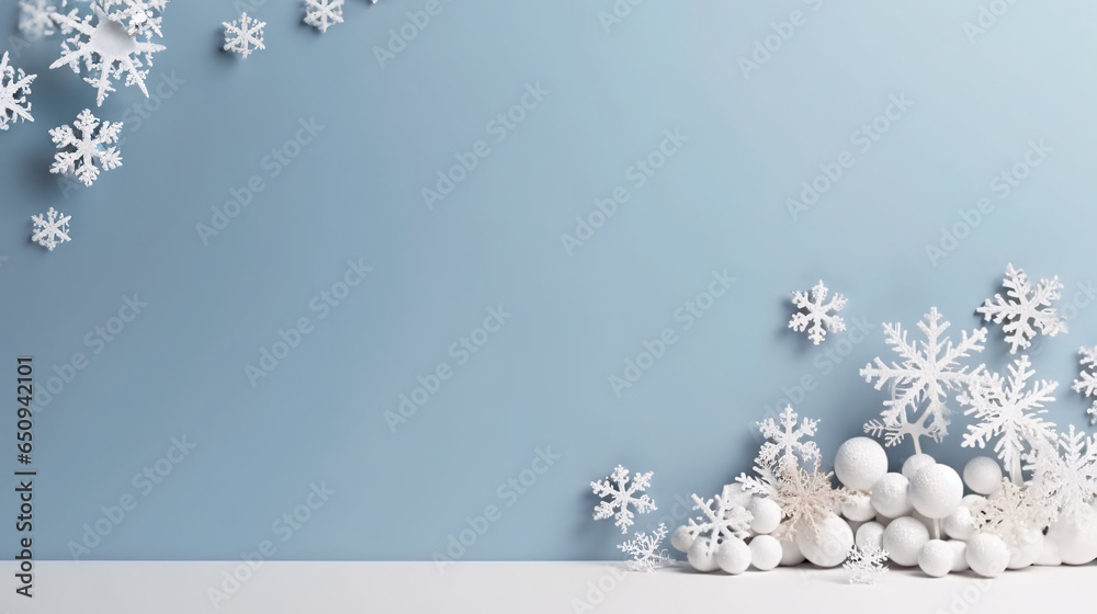 White snowflakes and balls ornament on light blue background. Created with Generative AI technology - obrazy, fototapety, plakaty 