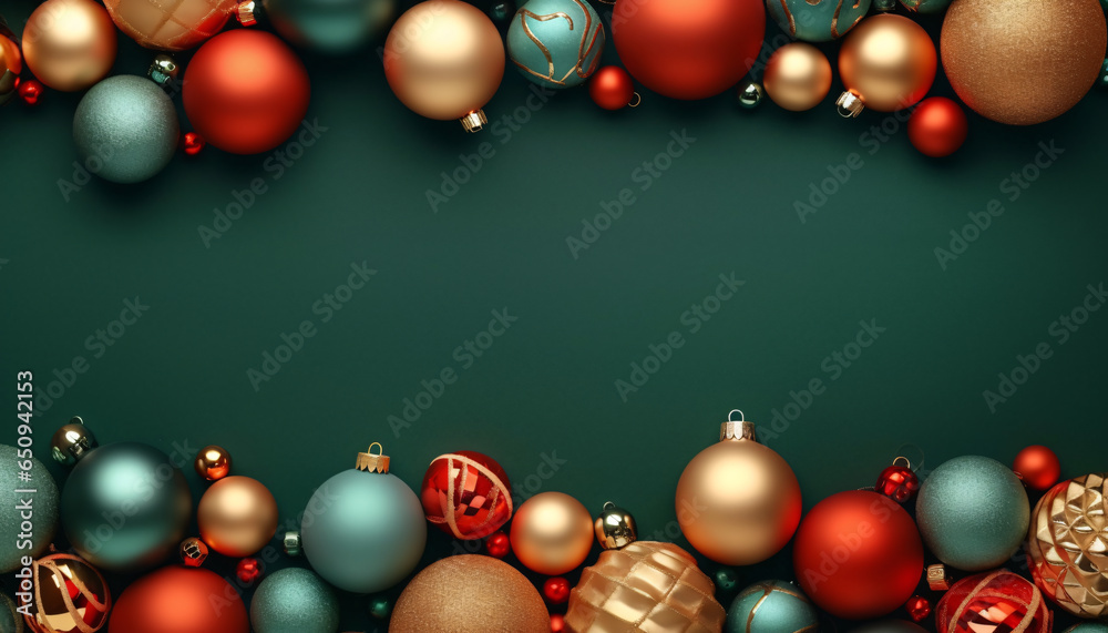 Beautiful Christmas ornaments scattered on dark green background. Created with Generative AI technology