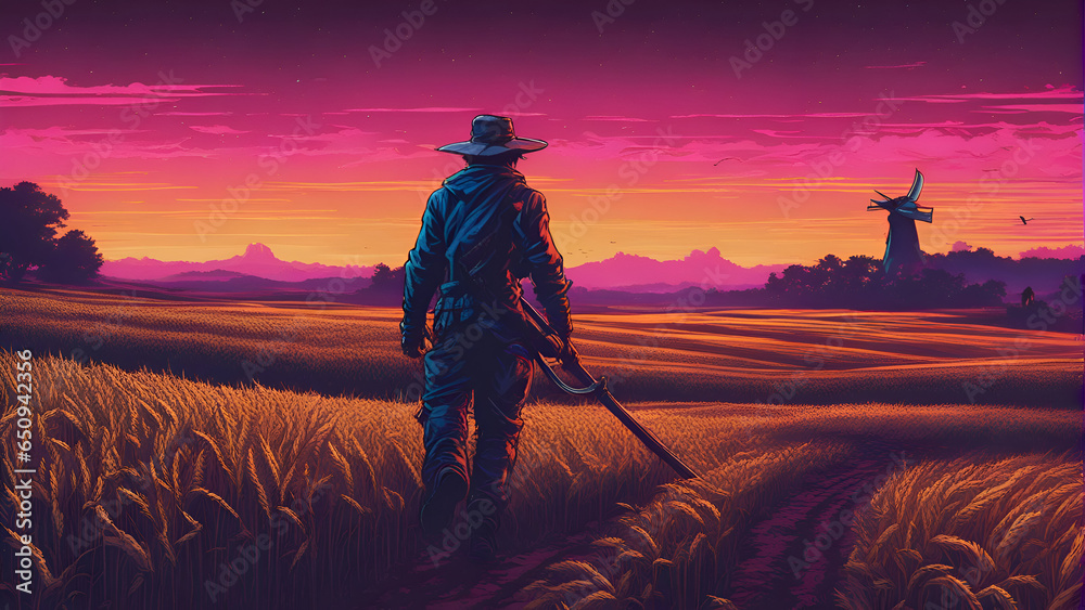 Silhouette of a hunter with a gun in a wheat field 