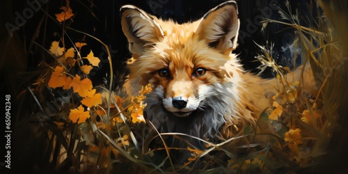 a fox is standing in tall grass with blond head turned, in the style of intense close-ups, generative AI