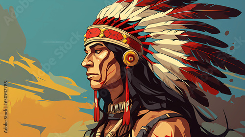 Hand drawn cartoon american indian tribal man illustration 