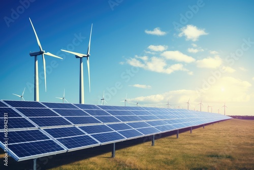 Ecological technology solar panels and wind turbines against clear sky 
