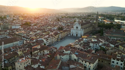 Establishing Aerial View Shot of Florence city skyline Basilica of Santa Croce in Florence and Piazza di Santa Croce, Tuscany, Italy photo