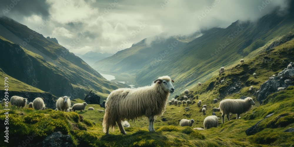 sheep are walking up a hill over cloudy terrain, in the style of the snapshot aesthetic, generative AI - obrazy, fototapety, plakaty 