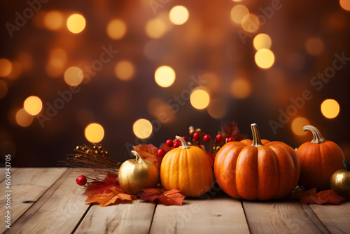 Thanksgiving background, Pumpkins and maple leaves on wood table over blur background with copy space for text