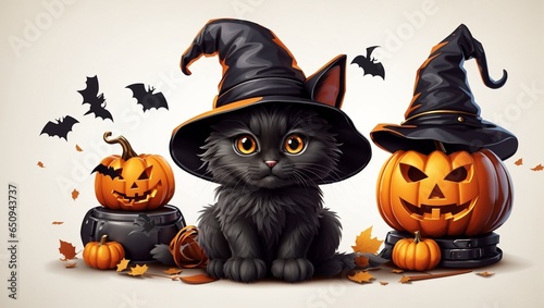 halloween cat with bat and pumpkin (Generative AI)