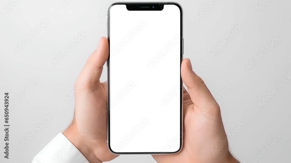Male holding cell phone in hands using blank white mockup ai generated - obrazy, fototapety, plakaty 