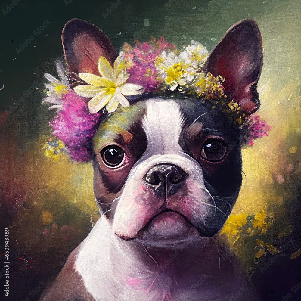 Artistic painting of a boston terrier dog portrait with a wreath of cheerful-colored flowers, little breed dog with an artistic style for a print of a painting.
Artificial intelligence-generated image - obrazy, fototapety, plakaty 