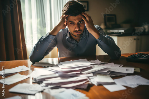 Young man are stressed about debt on the table. A men get trouble by calculating monthly expenses and then budgeting not enough money for paying debts. Debt, loanม Stress disease concept. photo
