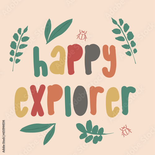 cute happy explorer with branch leaf as a vector for baby fashion