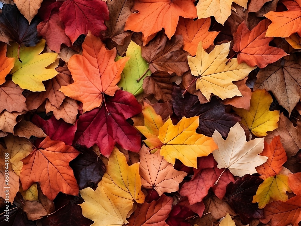 Depth of Autumn: Top-Down View of Autumn Leaves with Focus on Foreground, Fall's Tapestry with Rich Colors and Intricate Details Depth of Autumn: Top-Down View of Autumn Leaves with Focus on Foreground, Fall's Tapestry with Rich Colors and Intricate Details