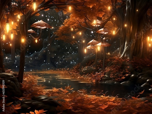 Enchanted Night  Mystical Forest Scene with River and Glowing Mushrooms in Autumn