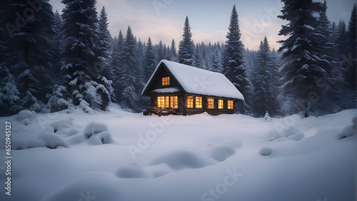Beautiful wooden house in the winter forest. 3d rendering.  © Waqar