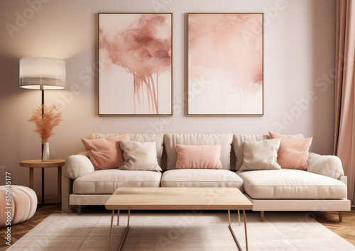 Modern white living room with an abstract painting  minimalist design  copy space. Website images 