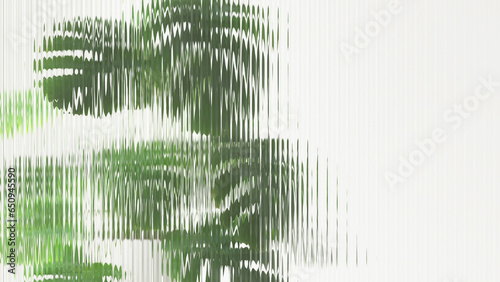 Fresh beautiful green tropical giant monstera behind transparent reeded glass in sunlight with copy space for modern, luxury fashion, beauty, cosmetic, skincare, body care, product background 3D