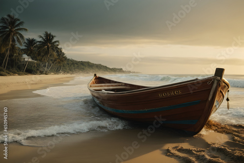 boat on the beach at sunset