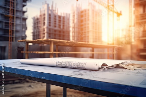 Blue Prints on a construction side with blurred background